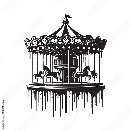Monochrome Carousel with dripping texture, a nostalgic art illus