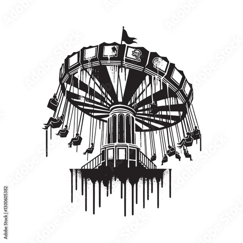 Monochrome carousel illustration with dripping paint texture des