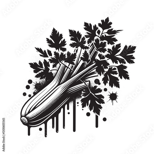 Monochrome stylized illustration of celery stalks with dripping