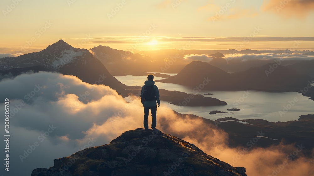 Obraz premium Adventurous solo hiker at sunrise mountain peak scenic nature landscape serene environment inspirational viewpoint