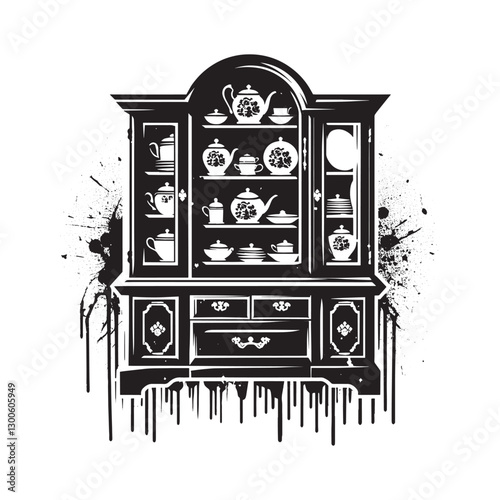 Vintage Wooden China Cabinet with Tea Set and Drip Effect Graphi