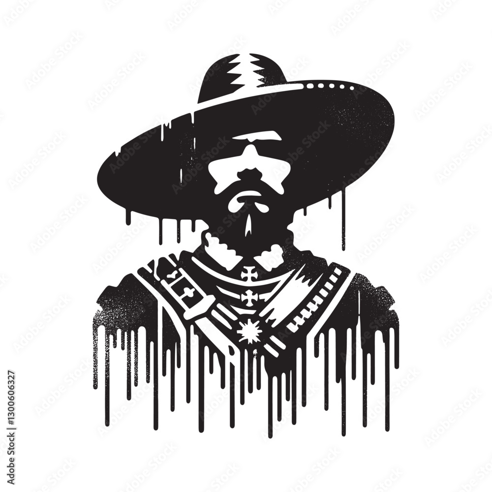 Bold graphical interpretation of a stylized bandit wearing a som