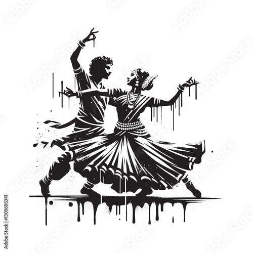 Elegant black and white illustration of classical Indian dance p