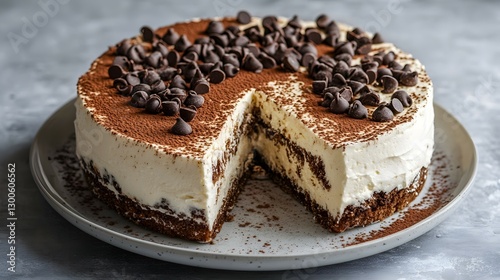 Wallpaper Mural Extra-large cream cake with chocolate chips and cocoa powder on top, one slice cut out of it, on a plate Torontodigital.ca