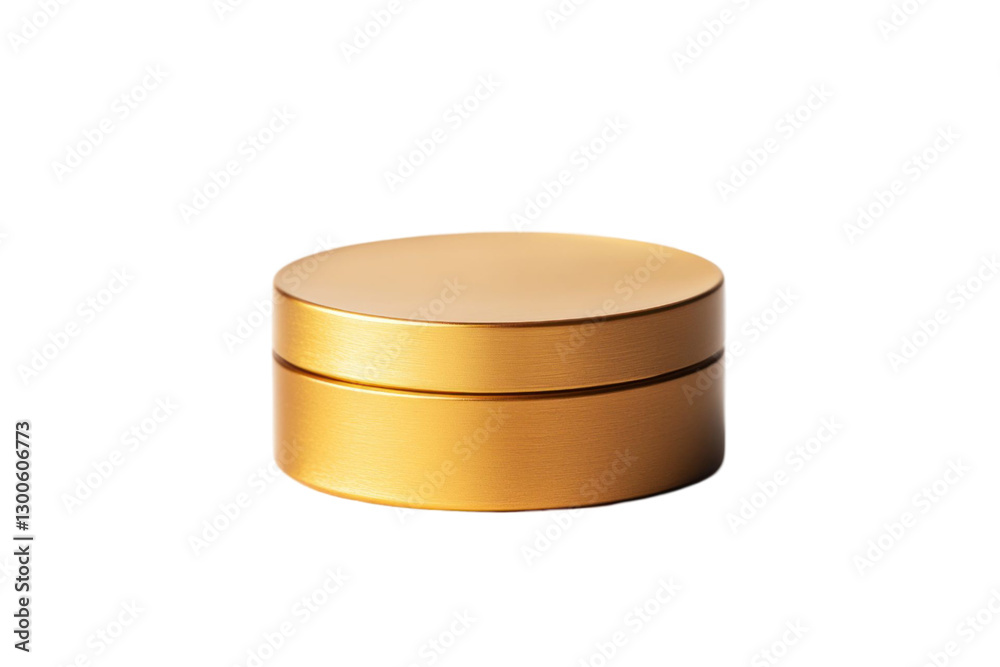 Close up golden cylinder shaped container with a lid isolated against black background Close up golden cylinder shaped container with a lid isolated against black background
