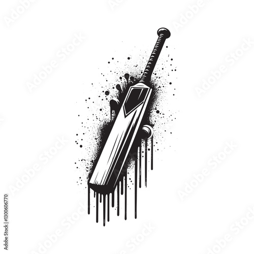 Dynamic black and white cricket bat illustration with dripping i