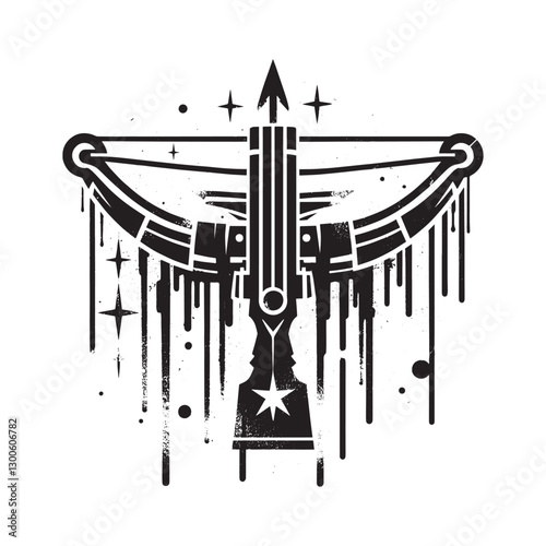 Stylized depiction of a crossbow with dripping ink effect on a w