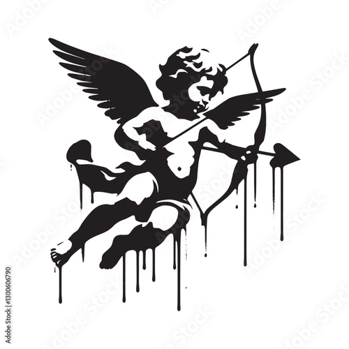 Monochrome depiction of a cupid figure with dripping paint effec