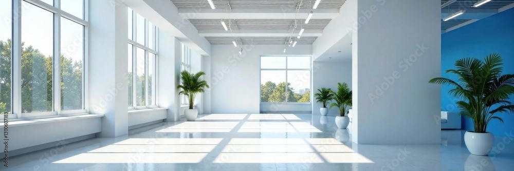 Fototapeta premium Open Space Interior with White and Blue Accents, white office space, industrial chic