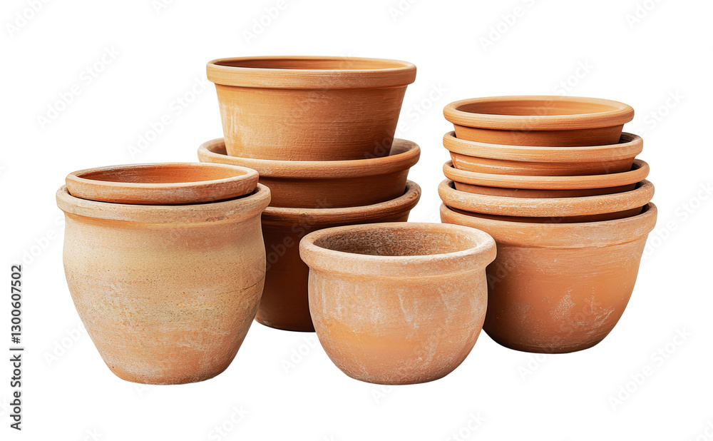 Terracotta pots stacked and arranged in various sizes for gardening projects and indoor decor, cut out Terracotta pots stacked and arranged in various sizes for gardening projects and indoor decor, cut out