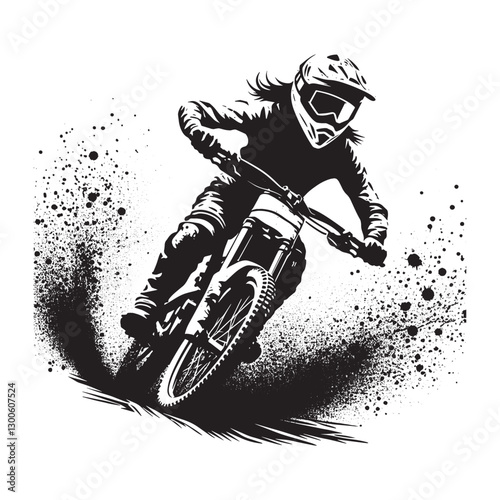 Dynamic Black and White Illustration of a Female Mountain Biker