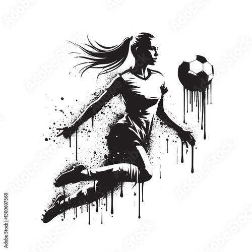 Dynamic female soccer athlete in stencil art with grunge and spr