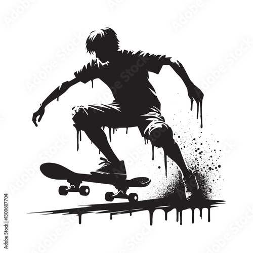 Dynamic skateboarder silhouette performing a trick with dripping
