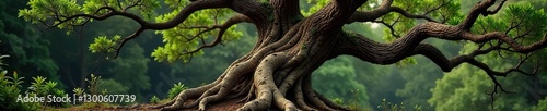 Ancient tree with gnarled branches and twisted trunk, wooden tree, gnarled tree, tree shape