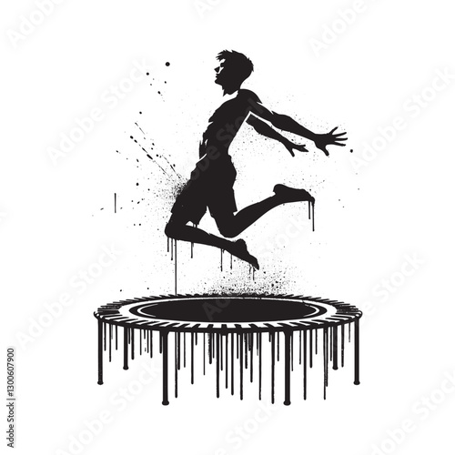 Dynamic trampoline athlete mid-air in a grunge stencil art with