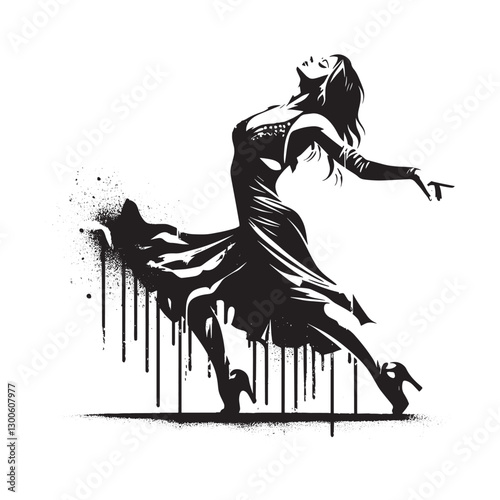 Elegant waltz dancer in stencil style with dripping spray and gr