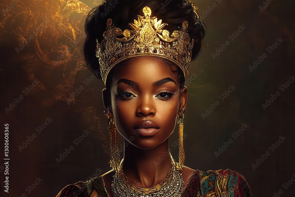 a powerful black history portrait african queen wearing ornate golden crown and traditional clothing digital art style with vibrant colors and intricate patterns dramatic lighting