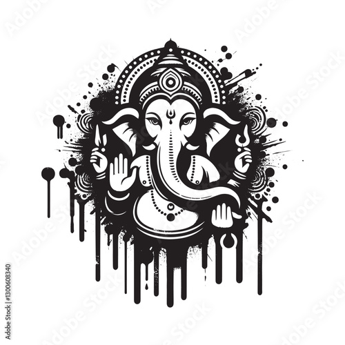 Lord Ganesha monochrome abstract illustration with dripping pain