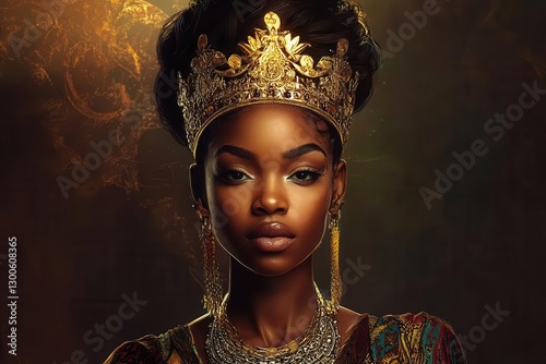 Obraz na płótnie a powerful black history portrait african queen wearing ornate golden crown and traditional clothing digital art style with vibrant colors and intricate patterns dramatic lighting w salonie
