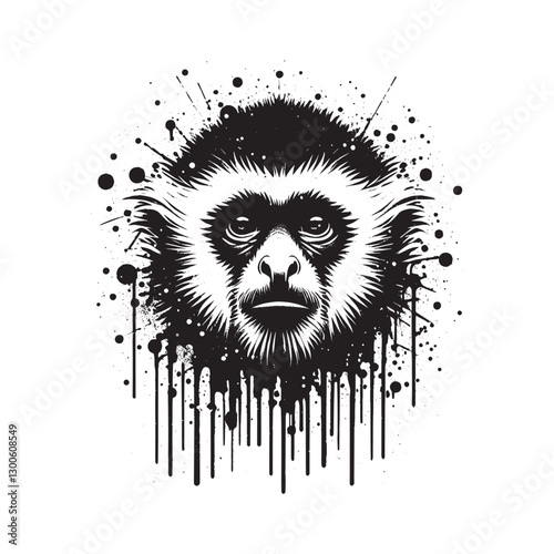Ink Splash Gibbon Portrait, A Monochrome Primate Study
