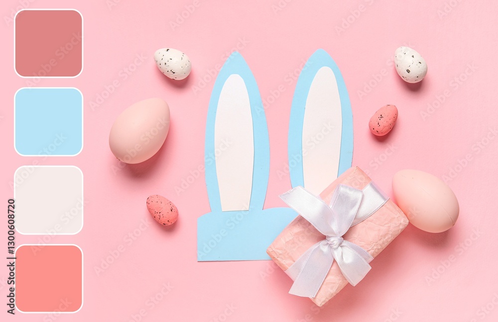 Paper bunny ears with Easter eggs and gift on pink background. Different color patterns Paper bunny ears with Easter eggs and gift on pink background. Different color patterns
