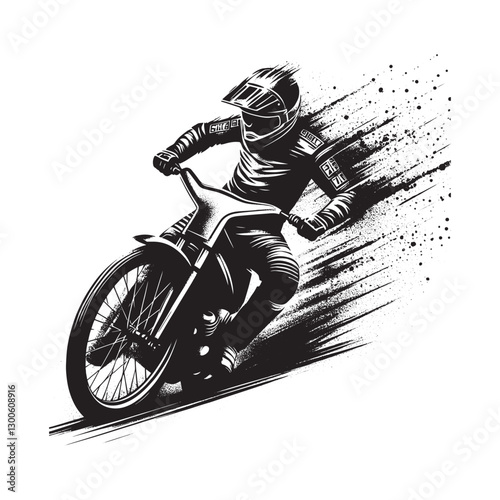Gritty speedway rider stencil illustration with dynamic spray ef