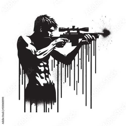 Gritty stencil art of a focused marksman aiming a rifle with dri