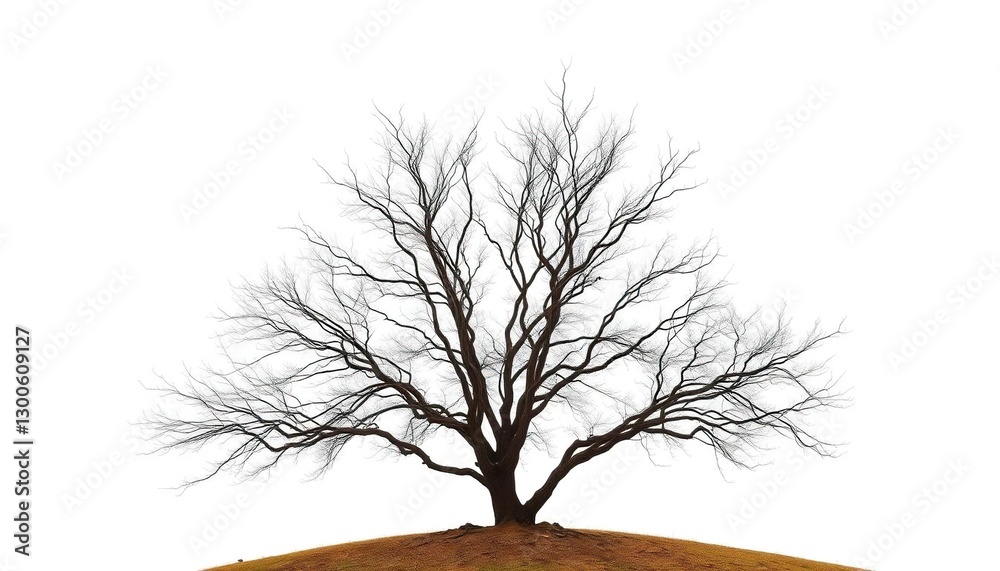 Fototapeta premium Lone deciduous tree, stark branches against bright white, leaves, overhead