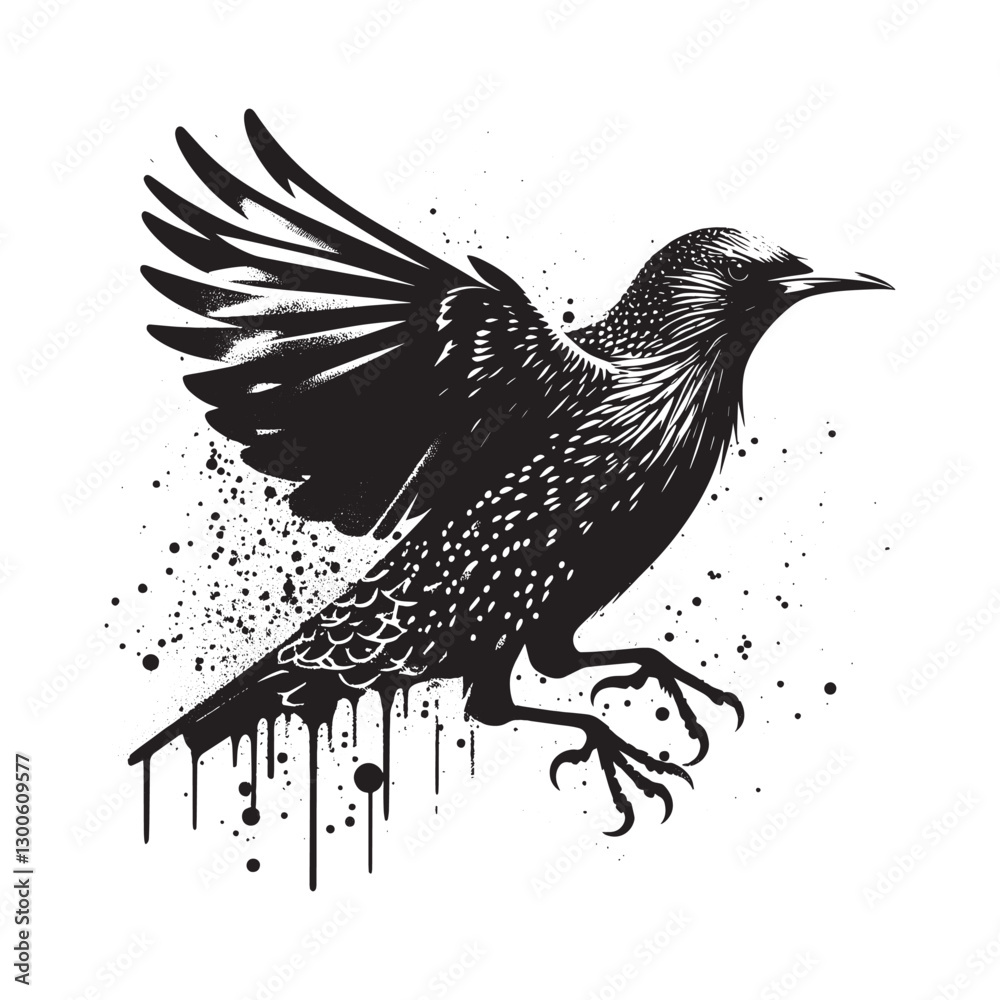 Obraz premium Grunge starling flight, Flat, dripping spray paint stencil art s
