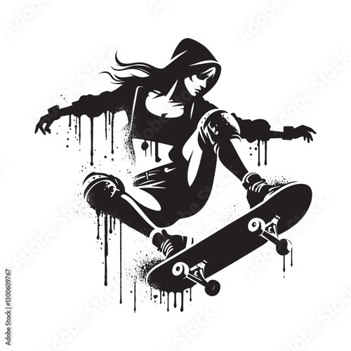 Grunge style stencil illustration of a skateboarding female athl