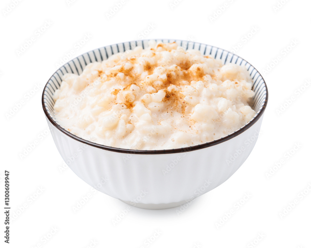 Tasty rice pudding with cinnamon isolated on white Tasty rice pudding with cinnamon isolated on white