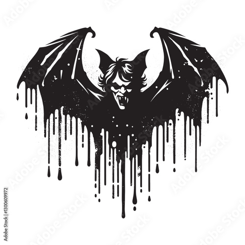 Grunge vampire bat stencil with spray drips in monochromatic des