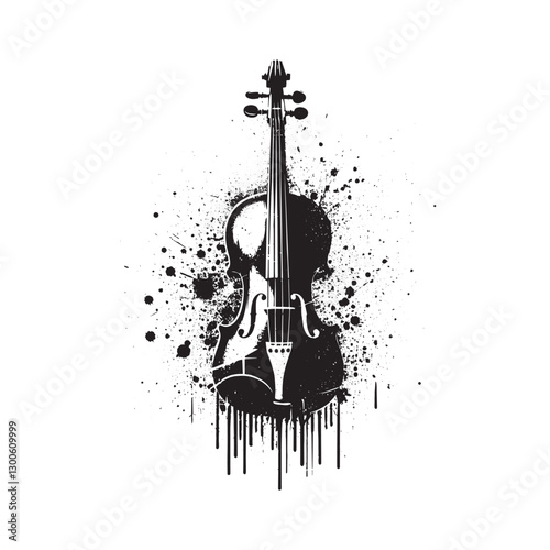 Grunge violin silhouette with dripping paint creates a stencil e