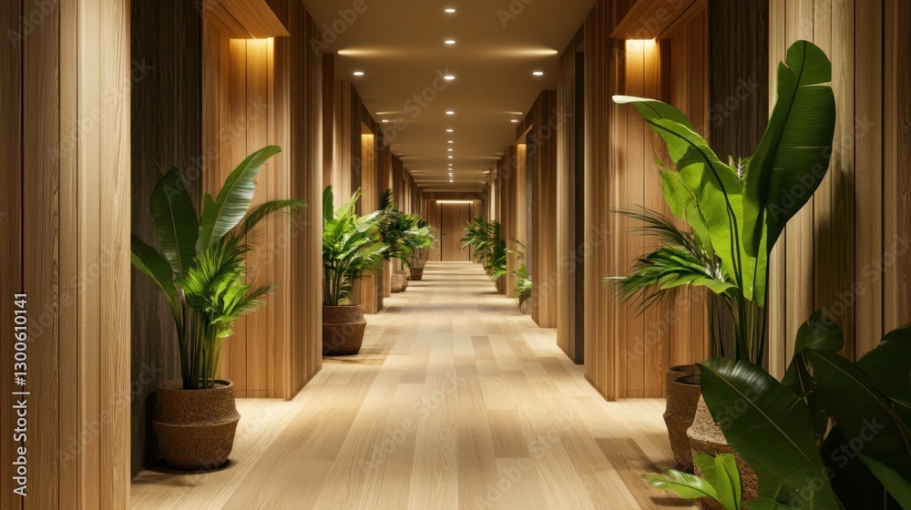 custom made wallpaper toronto digitalElegant hotel corridor with wood paneling and tropical plant decoration