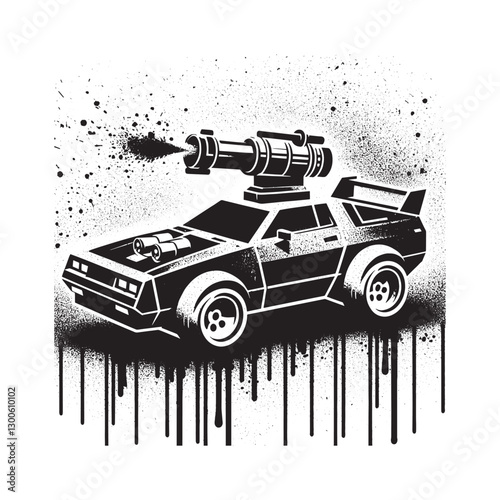 Grungy dystopian vehicle illustration featuring stencil art and