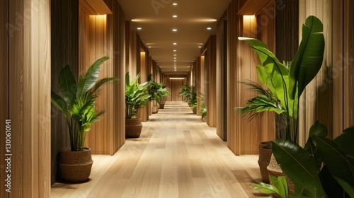 Wallpaper Mural Elegant hotel corridor with wood paneling and tropical plant decoration Torontodigital.ca