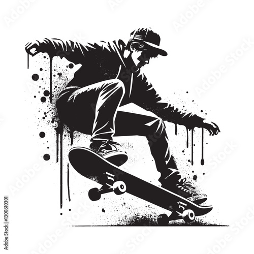 Grungy skater silhouette in motion bold stencil art for extreme