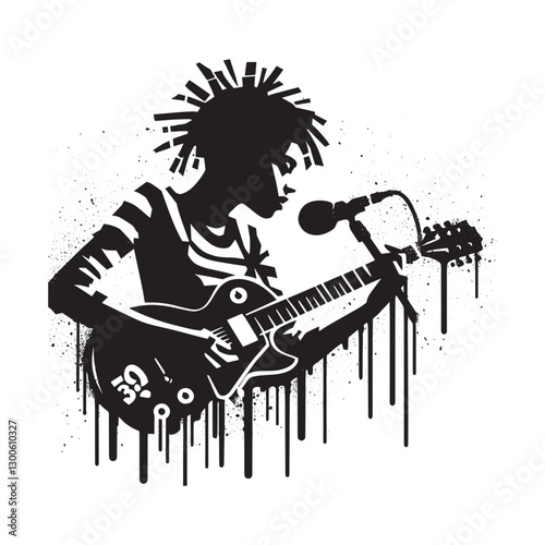 Grungy stencil art of female ska musician with guitar and microp