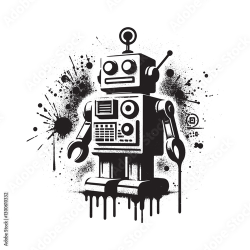 Grungy Monochrome Robot Illustration with Stencil and Spray Pain