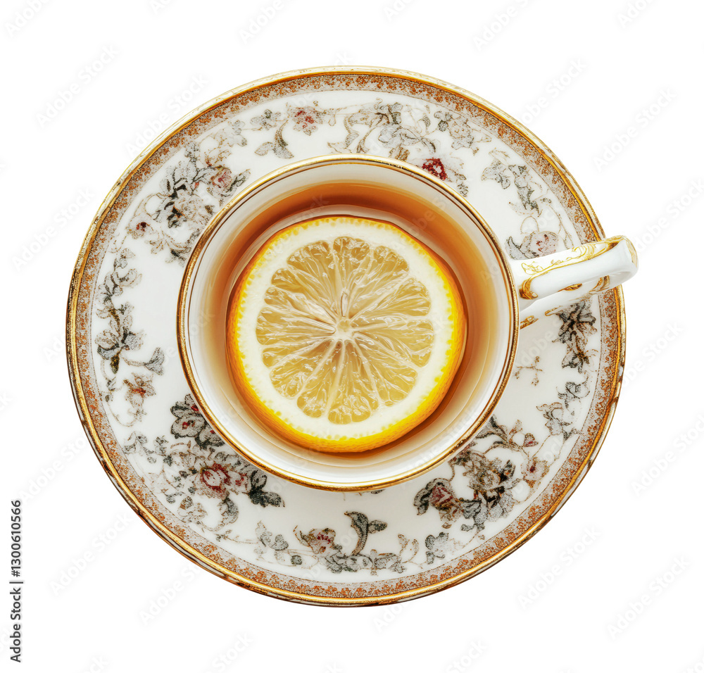 Warm lemon tea served in an elegant porcelain cup with a detailed floral design for a cozy afternoon break, cut out Warm lemon tea served in an elegant porcelain cup with a detailed floral design for a cozy afternoon break, cut out
