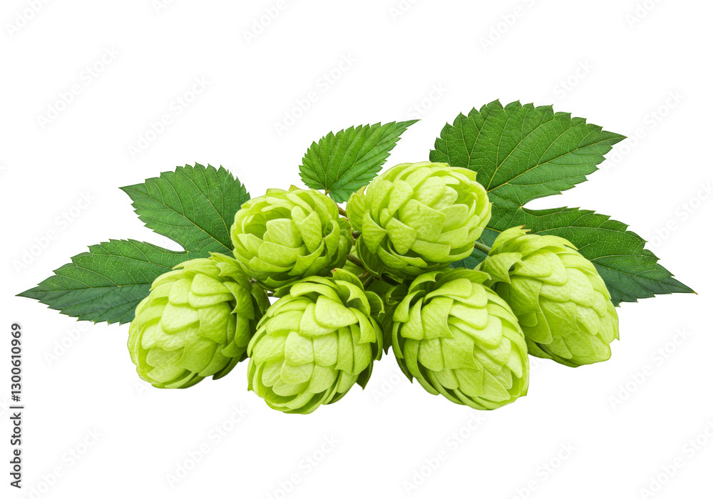Fototapeta premium Green hop cones and leaves isolated on transparent background