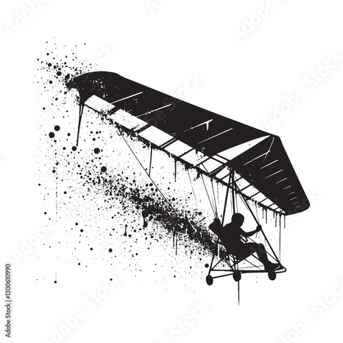 Monochrome hang gliding adventure art with expressive splatter e