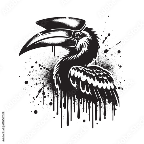 Abstract Monochrome Hornbill Illustration with Splatter Effects