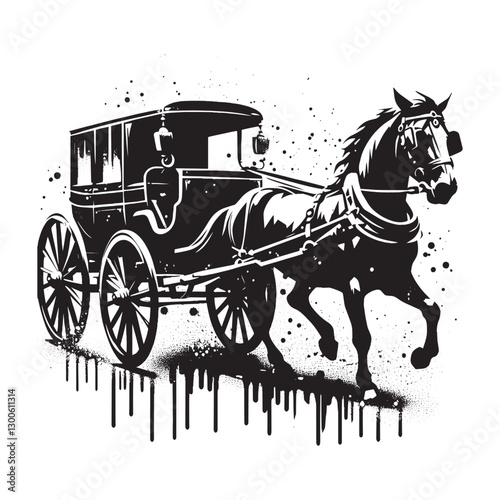 Monochrome vector illustration of horse-drawn carriage with spla