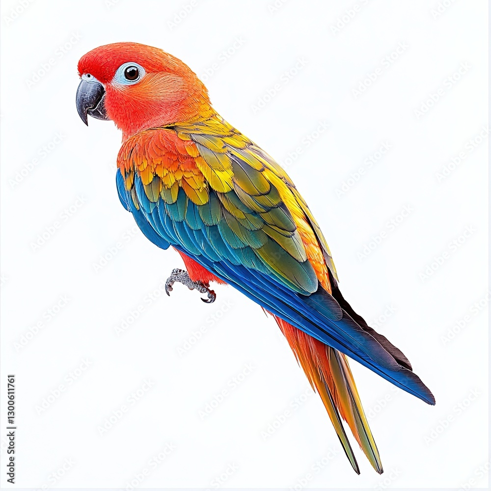 Obraz premium Macro shot, cinematic photo of a colorful parrot. Nature photography of a bright and colorful parrot. Beautiful realistic parrot photography. Bird photography for nature materials, posters, templates
