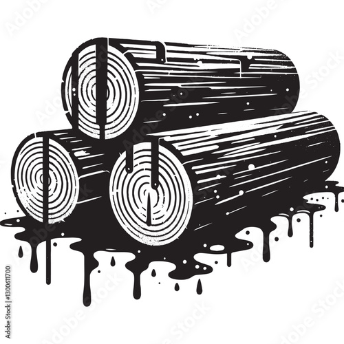 Monochromatic woodpile illustration with drippings evoking abstr