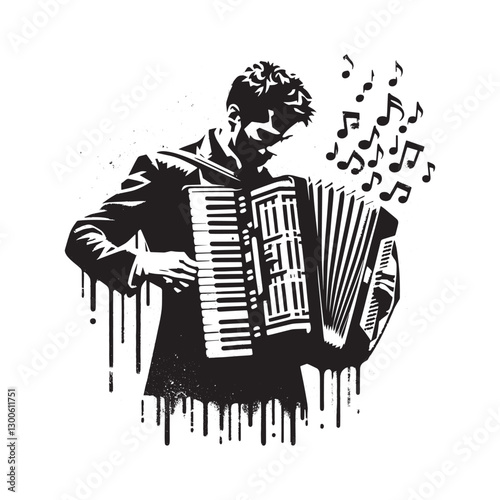 Stylized Accordionist with Dripping Paint Effects, Black and Whi