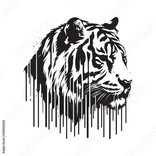 Monochrome tiger head stencil with dripping paint and textured f