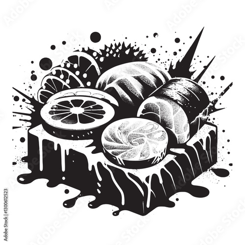 Monochrome sashimi assortment with dripping paint effect in sten