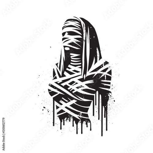 Bandaged Figure in Monochrome Ink Splashes